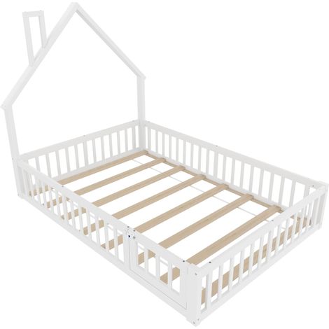 Superbe lit enfant 140x190 cm en bois, lit avec forme de cheminée et barrières de sécurité, sommier inclus, design blanc (1/5)