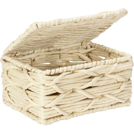 Wenko Scatola da Bagno Vabriano, Cestino Portaoggetti in Rete di Carta con Coperchio, per Bagno e Ufficio, 19 x 10 x 14 cm, Stile Boho, Beige (1/5)