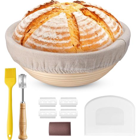 Panier de fermentation rond de 23 cm avec doublure, couteau à boulanger, spatule et pinceau à pâtisserie, corbeille à pain au levain, accessoires de cuisson pour boulangers domestiques (1/5)