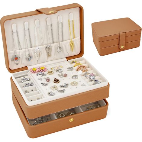 Kleine Schmuckschatulle, Reiseorganizer, tragbare Schmuckschatulle, ideal als Geschenk für Frauen und Mädchen, doppellagiges Schmuckkästchen aus PU-Leder für Ringe, Ohrringe und Halsketten – Braun (1/5)