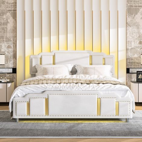 Letto idraulico, 140 x 200 cm, rivestimento in velluto beige, letto matrimoniale, testiera e pediera con profili color oro, design unico, (1/5)