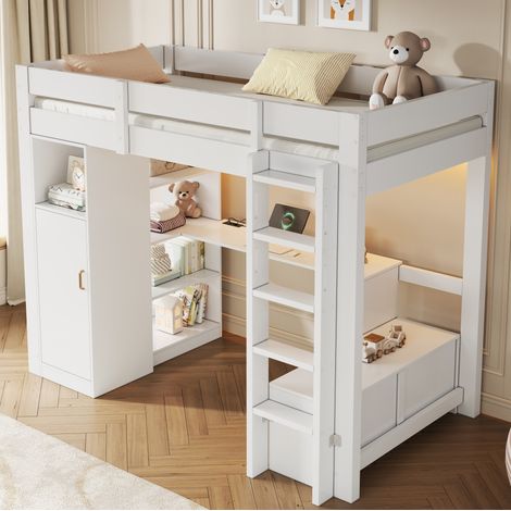 Cama alta 90/200 cm blanca con escritorio, armario y estantes (1/5)