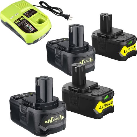 4 × P108 18 V 5,0 Ah Li-Ionen-Ersatzakkus und P117B 3 A-Schnellladegerät mit USB-Anschluss, kompatibel mit Ryobi 18 V P102, P109 Akkus und Ryobi 18 Volt Plus Elektrowerkzeugen. (1/5)