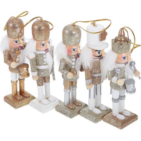 Ensemble de décorations de Noël en bois : poupée casse-noisette, pendentif, ornement créatif à paillettes pour fête, magasin ou maison (blanc et or) (1/5)