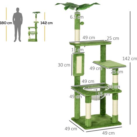 142cm Cat Tree Tower, with Scratching Post, Hammock, Toy Ball, Platforms - Green