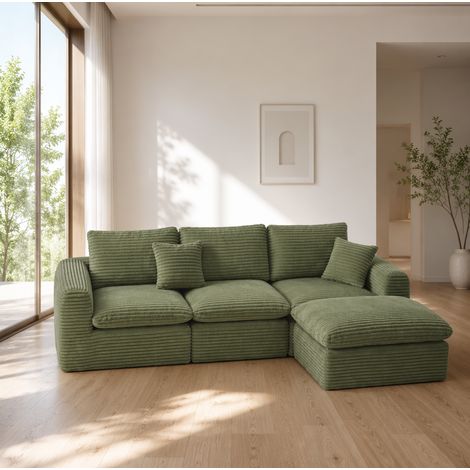 Modulares Sofa 3-in-1, in L-Form, als gerades Sofa oder Bett, Cordstoff, Grün, Schaumstoff und Federkern (1/5)