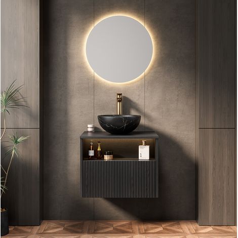 Mobile lavabo sospeso con lavabo in ceramica nero 60 cm, cassetto in legno massello e luce LED con sensore (1/5)
