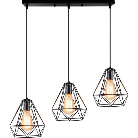 Suspension Luminaire Industrielle Cage Géométrique Design Rétro Lustre Plafonnier Vintage Éclairage de Plafond pour Cuisine Salle à Manger Salon, 20CM (Noir, 3 Lampes, Barre) (1/5)