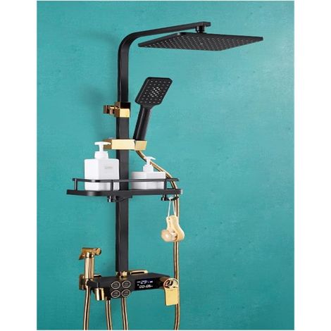 Ensemble de douche mitigeur thermostatique intelli Ensemble de douche noir en cuivre complet for salle de bain, bouton à double rangée, affichage numérique thermostatique, douche à main à 4 vitesses ( (1/5)