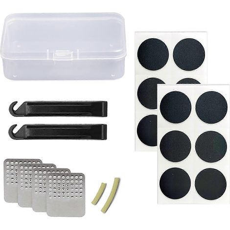 Ce kit de réparation portable pour pneus de vélo comprend un démonte-pneu, une rustine sans colle et des outils pour réparer les chambres à air. Disponible en plusieurs couleurs. (1/5)