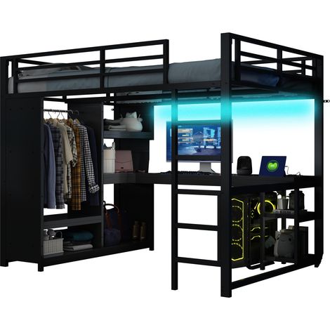 Lit mezzanine 140x200 en métal noir avec bureau, étagères LED, dressing ouvert et rangements intégrés, gain de place idéal pour chambre ado ou petit espace – CHICFURN (1/5)