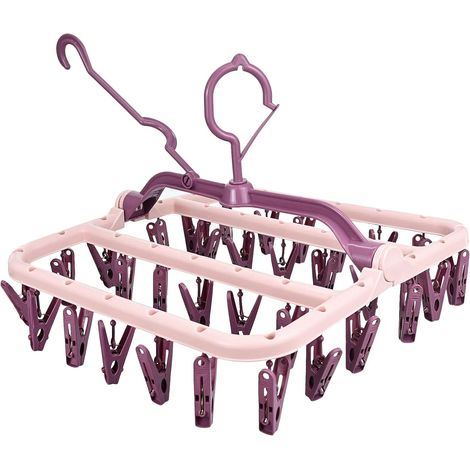 Séchoir à chaussettes suspendu en plastique avec 32 pinces, cintre pliable pour sous-vêtements, bébé et linge délicat