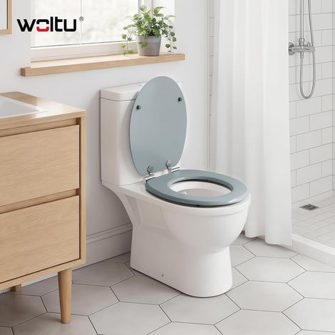 WOLTU Asiento de inodoro con cierre suave y bisagras de acero inoxidable, fácil de limpiar e instalar – Diseño de rayas gris