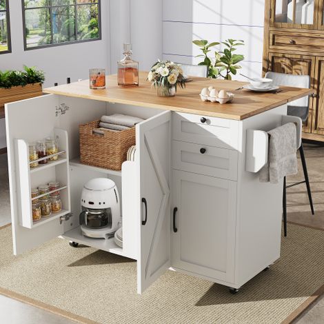 Moderne Kücheninsel, Küchenschrank, buffetschrank, Speisewagen mit Holzmaserung, buffetschrank, Multifunktionale Esstisch mit Speicherraum, Speisewagen mit Snackregalen,weiß