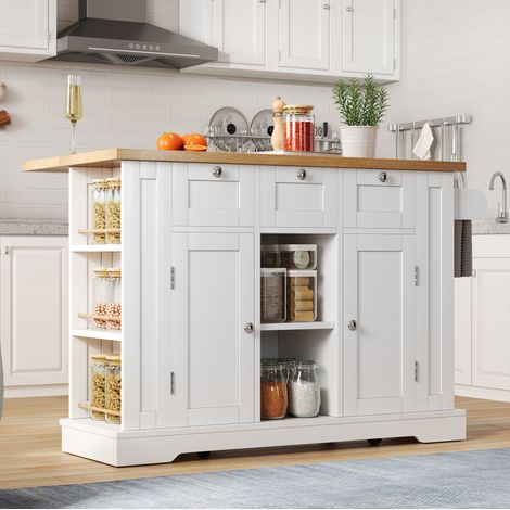 Carrello da cucina con 5 ruote, cassetto, portaspezie, portasciugamani, piano ribaltabile, bianco e naturale (1/5)