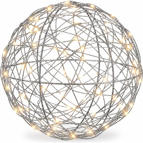 Relaxdays Bola decorativa LED a pilas, malla metálica, para colgar o apoyar, cable largo, Ø 20 cm, plateada (1/5)