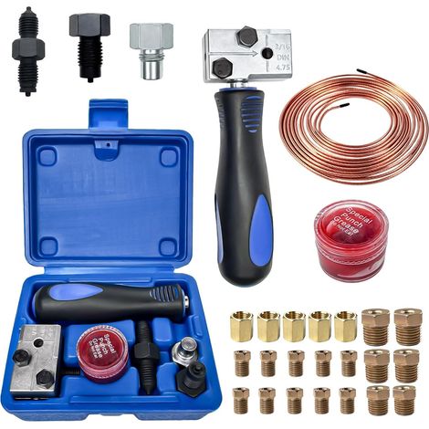 Outils D'évasement de Tuyaux de Frein pour Evasement DIN, Outil à Double Évasement 7,62m Ø 4,75mm Kit Réparation Tuyau de Frein avec 16 Raccords + 5 Connecteurs pour Conduites de Frein Ou Hydrauliques (1/5)