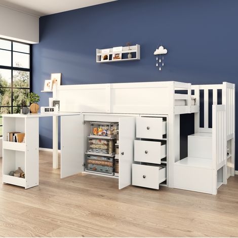 Lit mezzanine enfant MDF blanc 90x200 cm avec bureau extensible, armoire, tiroir, étagère et escalier de rangement (1/5)