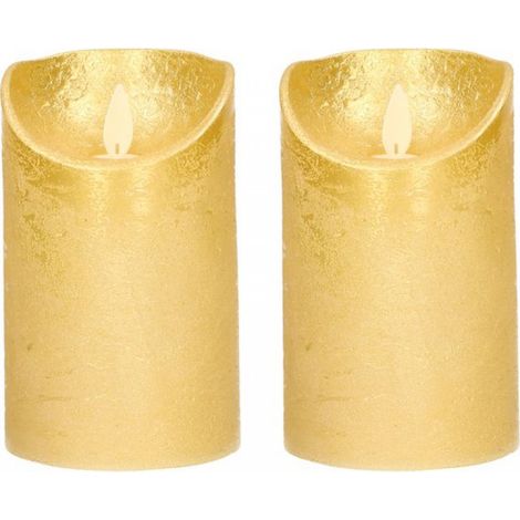 2 bougies LED dorées / bougies piliers 12,5 cm - Bougies de luxe à piles avec flamme vacillante (1/3)