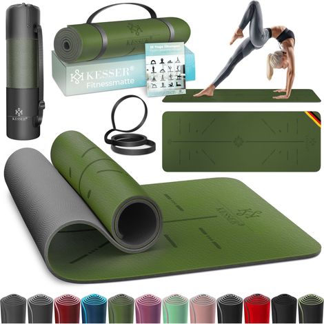 KESSER® Gymnastikmatte mit Tragegurt rutschfest TPE Yogamatte Gepolstert & rutschfest Fitnessmatte 183 x 61 Trainingsmatte für Fitness Sportmatte Grün
