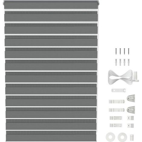 Store enrouleur double Klemmfix Duo 120 x 220 cm, sans perçage, occultant et laissant passer la lumière, motif zèbre gris, pour fenêtre et balcon. (1/5)
