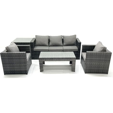 Fimous Rattan Garden Furniture Set Outdoor Lounger Sofa with Coffee Table 2 Armchair Side Table Dark Grey Mixed (1/4)