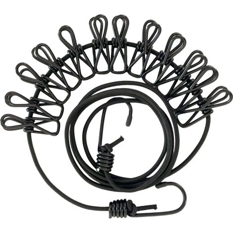 Dos tendederos retráctiles con 12 pinzas, ideales para viajes y acampadas. Para uso exterior, color negro. (1/5)