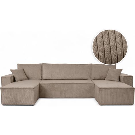 Loungitude – Canapé d'angle panoramique convertible 6 places en velours côtelé – Grand lit d'appoint – Coffre de rangement – Taupe (1/5)