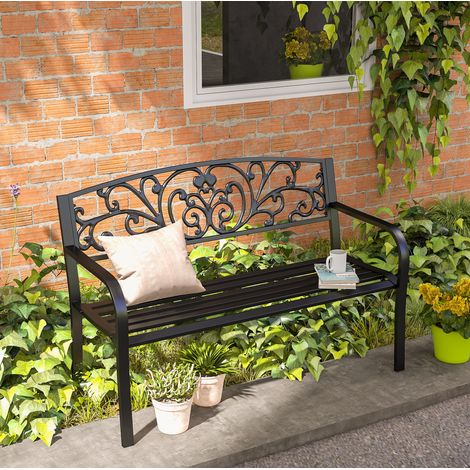 Banc de jardin en métal 2 places avec dossier et accoudoirs, noir, 127 x 60 x 87 cm (1/5)