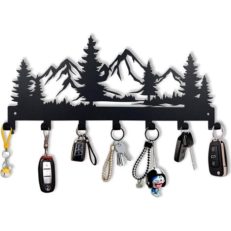 (Montagne) Porte-Clés Mural, Porte-Clés Créatif Noir avec 7 Crochets, Décoration Murale et Installation Facile, pour Accrocher Porte-clés, Parapluie, pour Entrée, Bureau, Cuisine, Chambre (1/5)