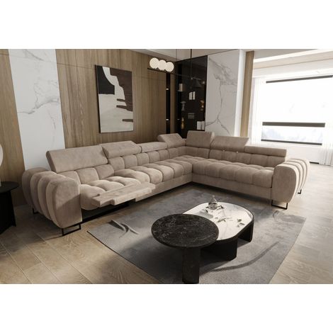 Ecksofa Schlafsofa BASTIEN RELAX in Stoff Terra Beige Ottomane Rechts