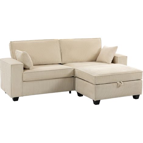 Divano angolare con pouf contenitore, corda, divano a 3 posti in forma L con imbottitura a molle, ampia seduta, beige (1/5)