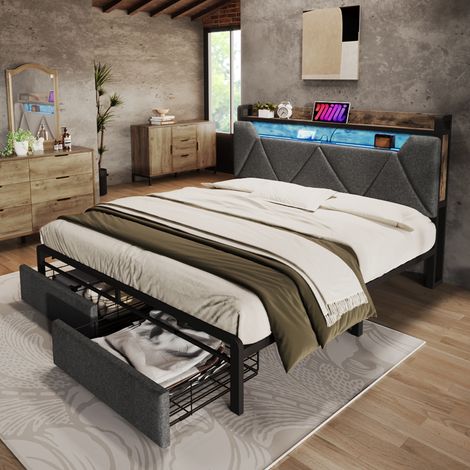 Cama doble 160x200 cm con 2 cajones carga USB tipo C luz LED y somier de láminas metálicas Gris(Sin Colchón) (1/5)