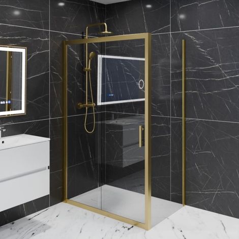 Cuisibane – Paroi de douche d'angle porte coulissante – Verre trempé 6 mm – Hauteur 190 cm – Largeur 120 cm – Retour fixe 80 cm – Aluminium or brossé (1/4)