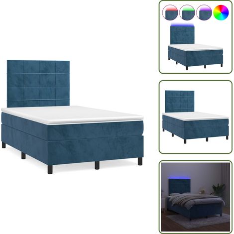 Letto in velluto - vidaXL Letto a Molle Materasso e LED Blu Scuro 120x190 cm in Velluto - Letto con testiera regolabile