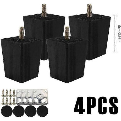 Patins carrés pour pieds de meubles (4/8), pieds de canapé en bois massif de 6/10/15 cm, hauteur de remplacement, avec vis et patins de fixation, noir, 6 cm, lot de 4 (1/5)