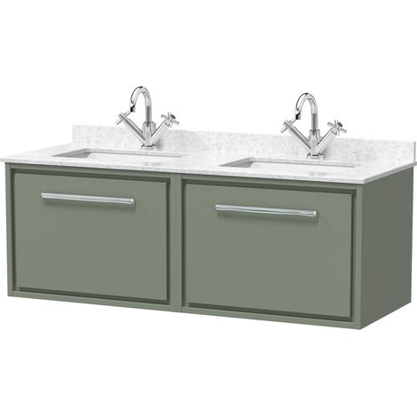 Balterley Longnor 1220mm Wall Hung Double Basin Vanity Unit with Marble Worktop Basins - Fern Green