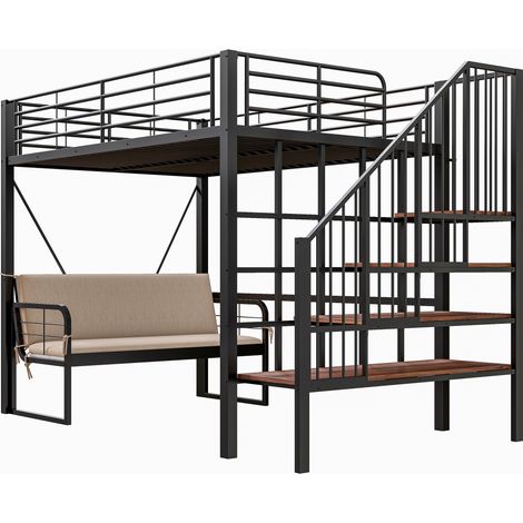 Litera metálica 140 x 200 cm negra con sofá extraíble, almacenaje y escalera segura (1/5)