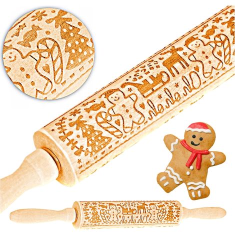 Rodillo de madera con motivos navideños y grabado decorativo (1/5)