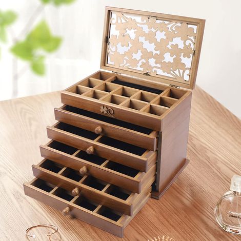 6 Schicht Schmuckkasten Holz, 6 Ebenen Großer Schmuckkasten mit 5 Schubladen Schmuckbox Schmuckkoffer Vintage Schmuckkasten Holz Große Kapazität Schmuckkoffer Organizer (1/5)