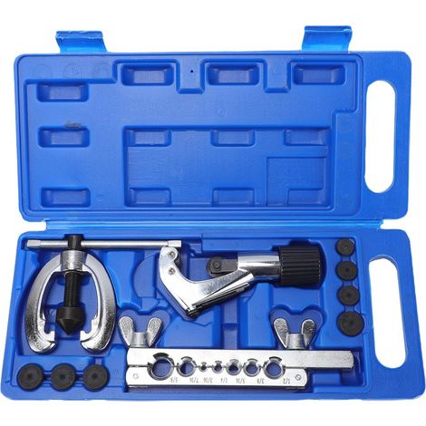 Brake Line Flaring Tool Kit, with 1/2 Inch and 3/8 Inch Clamps, Reamer and Metal Tool Box for Pipe Installation and Repair (89153) (1/5)
