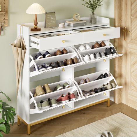 Zapatero estrecho (106.5x25x107 cm), 4 compartimentos abatibles y 2 cajones, protección antivuelco, tablero de partículas blanco (1/5)