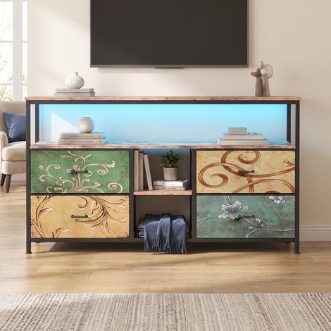 Meuble TV Buffet 108 cm avec 4 Tiroirs en Tissu Multicolore et LED RGB, Meuble de Rangement Industriel en Métal et Bois, Marron Rustique (1/5)