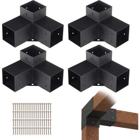 Supports de pergola 4x4 po 10x10 cm – Acier au carbone – Kit de 4 supports d'angle à trois voies – Installation facile pour tonnelles et cabanes (1/5)