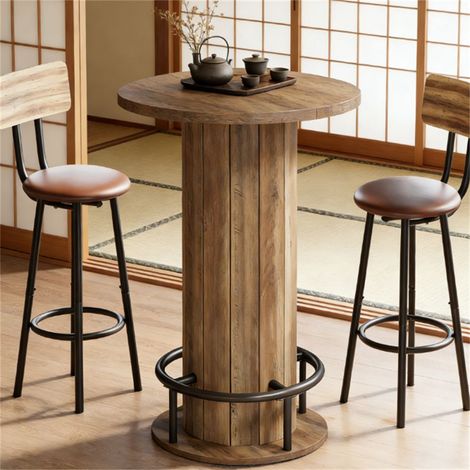 Table ronde de 80 cm avec piètement en bois à rayures, petite table circulaire avec repose-pieds marron pour cuisine et mini-bar (table seule) (1/5)