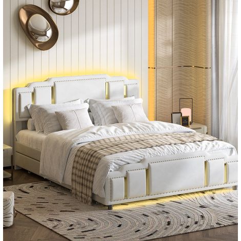 Lit double moderne en velours beige 140x200 cm avec tête de lit rembourrée, LED intégrées et 4 tiroirs (1/5)
