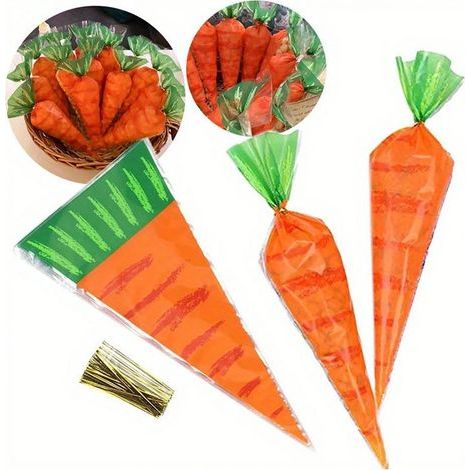 20 festliche, karottenförmige Geschenktüten: Mit Osterhasenmotiv, Plastiktüten für Geburtstags- oder Ostergeschenke (1/5)