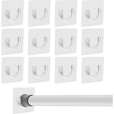 Lot de 12 supports adhésifs pour tringle à rideaux de douche, supports de tringle à rideaux de douche auto-adhésifs, fixation murale transparente, supports de tringle pour salle de bain/penderie (1/5)