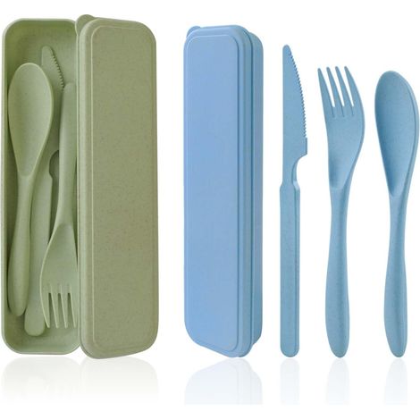 Couvert plastique réutilisable avec étui, 2 sets cuillère, couteau et fourchette pour lunch box, pique-nique et voyage (vert+bleu). (1/5)