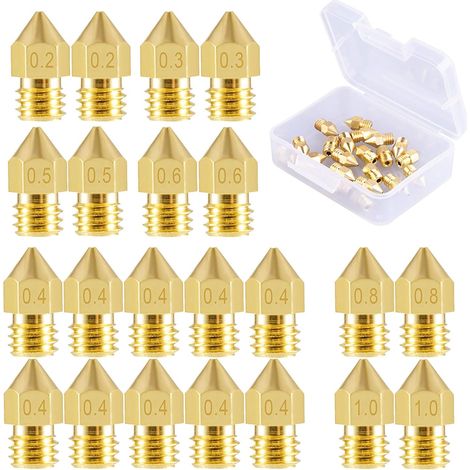 22 Stück Druckerdüsen MK8 Düse 0,2 mm, 0,3 mm, 0,4 mm, 0,5 mm, 0,6 mm, 0,8 mm, 1,0 mm für Makerbot CR-10 3D-Drucker (1/4)